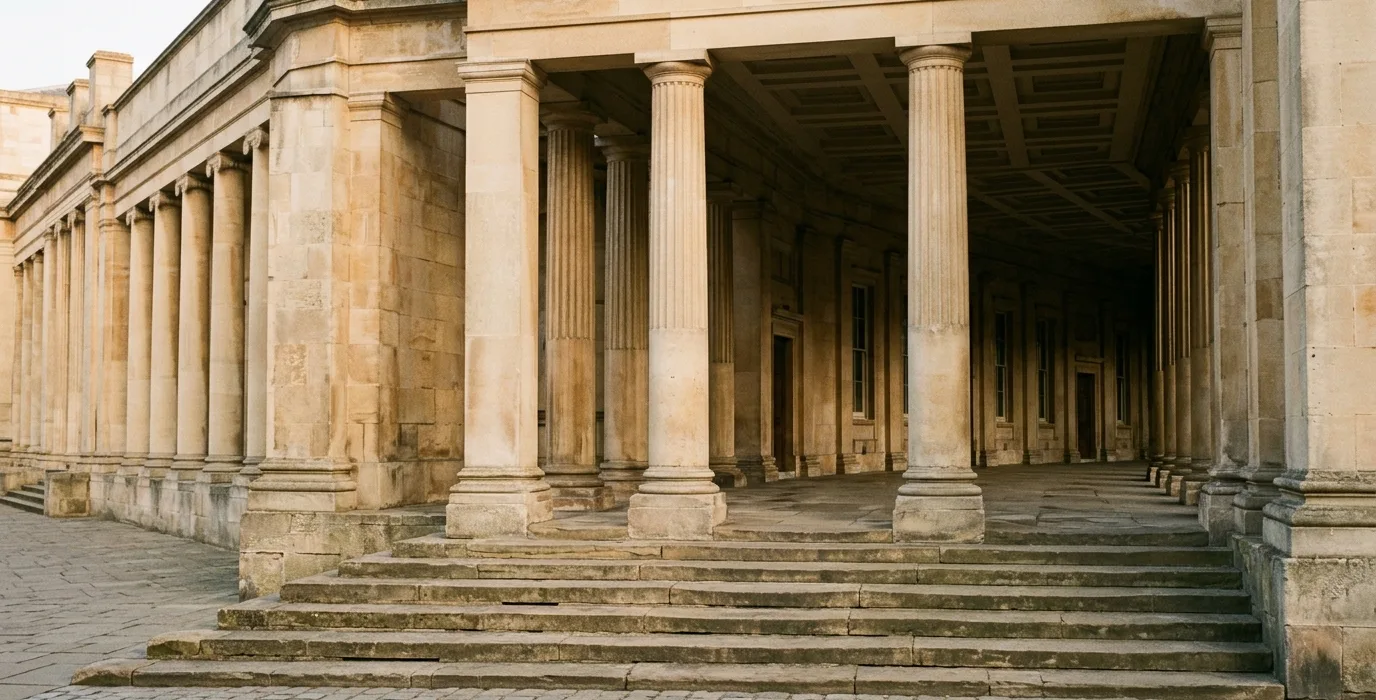 A stone courthouse colonnade in early light