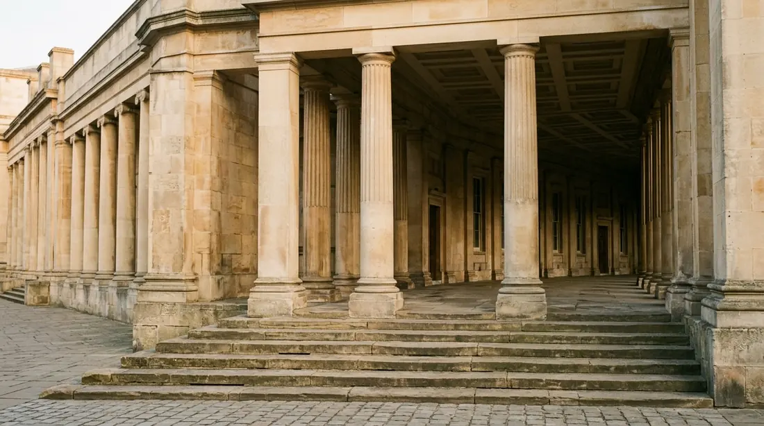 A stone courthouse colonnade in early light