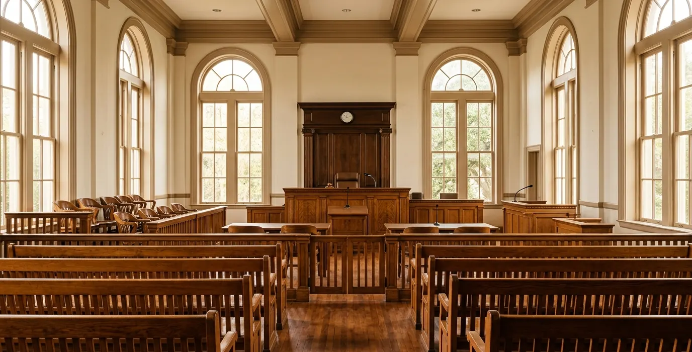 An empty county courtroom with wood benches and morning light through tall windows