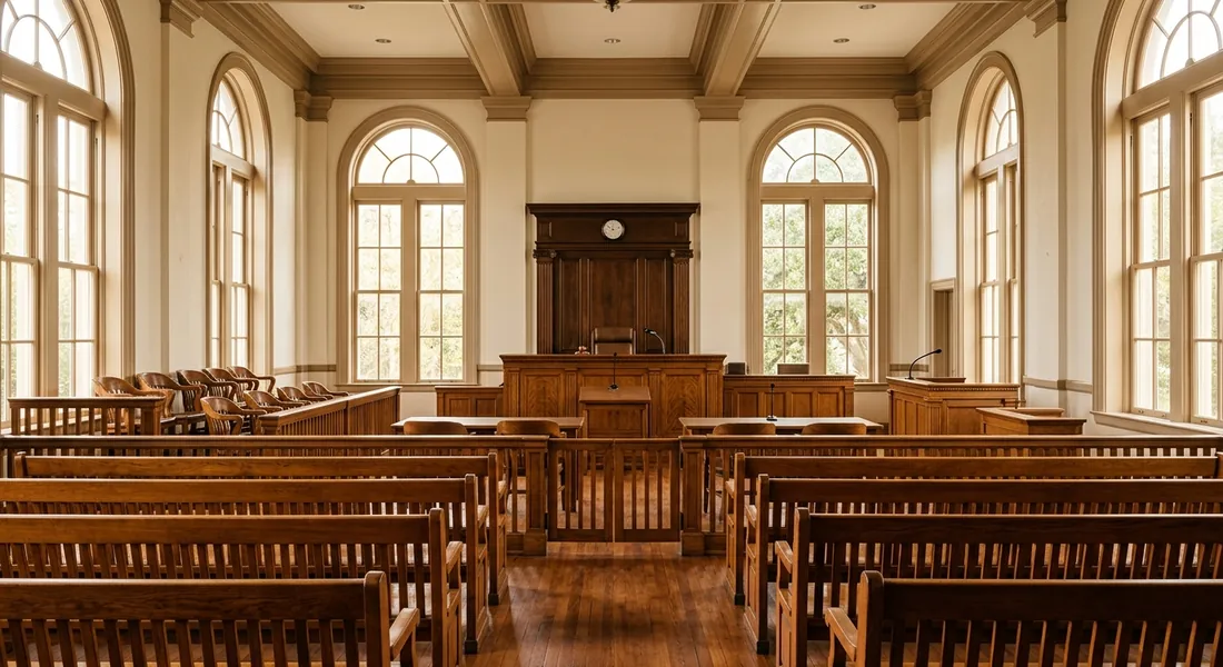 An empty county courtroom with wood benches and morning light through tall windows