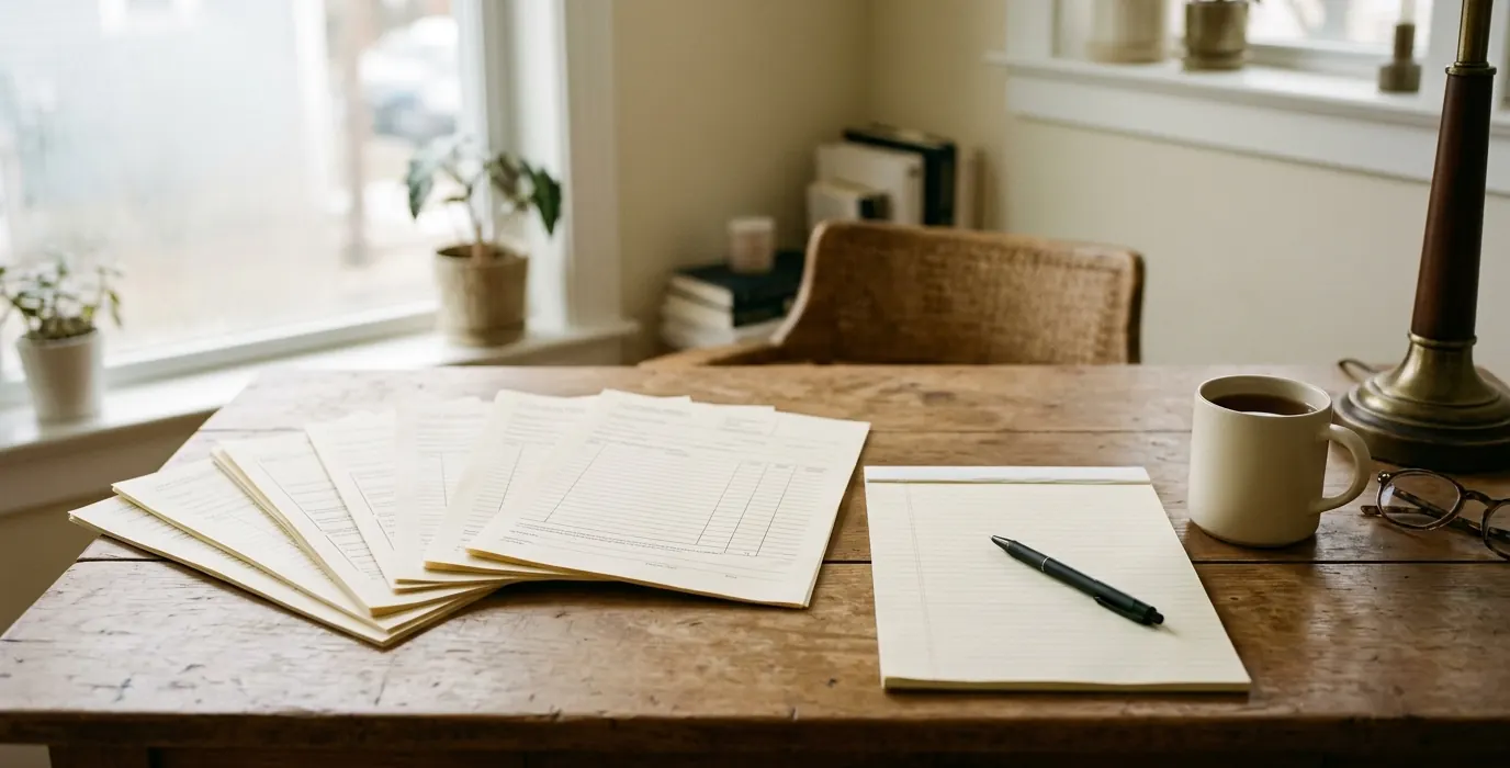 A desk with paperwork spread out, a legal pad, a pen and a mug by a window