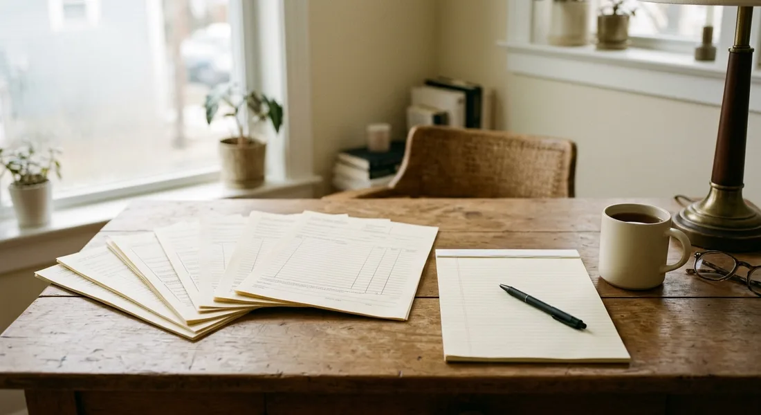 A desk with paperwork spread out and a legal pad