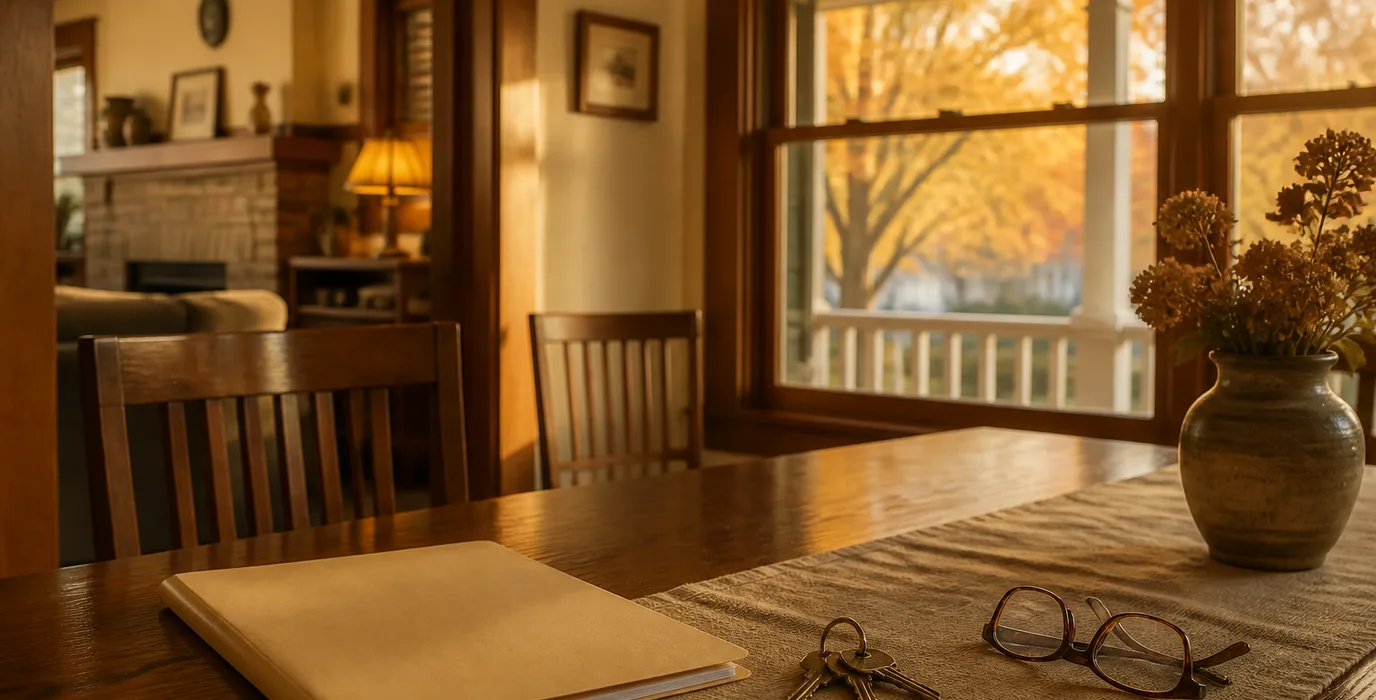 A dining table at golden hour with a folder of papers, house keys and reading glasses