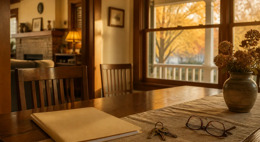 A dining table at golden hour with a folder, keys and reading glasses, autumn maples beyond the porch