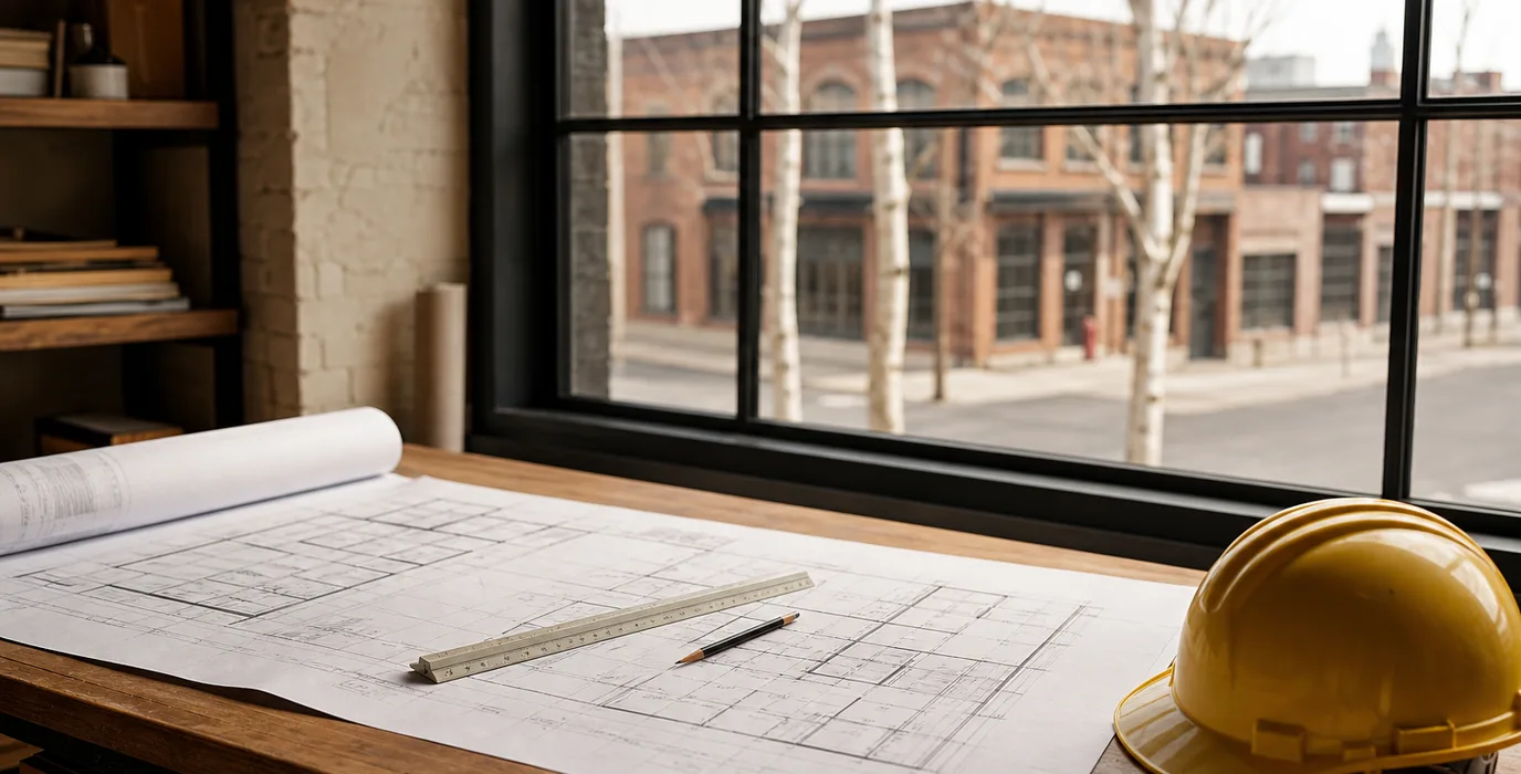 House plans unrolled on a drafting table beside a scale ruler and a hard hat