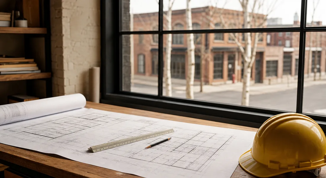 House plans unrolled on a drafting table beside a scale ruler and a hard hat