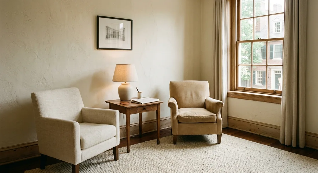 A quiet law office waiting room with two armchairs