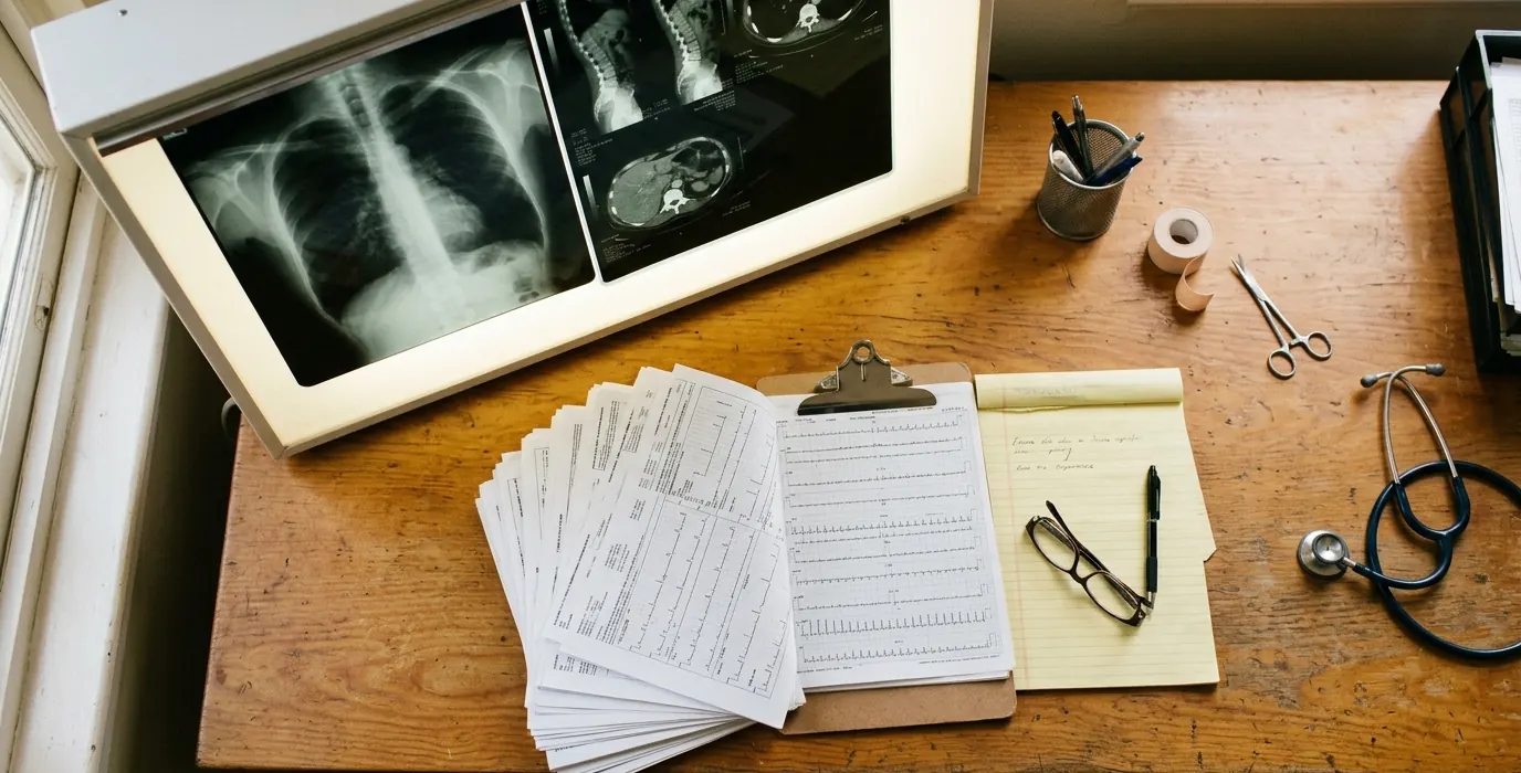 Medical records and imaging film on a lit desk
