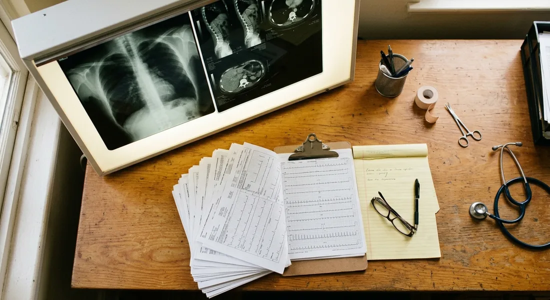 Medical records and imaging film on a lit desk