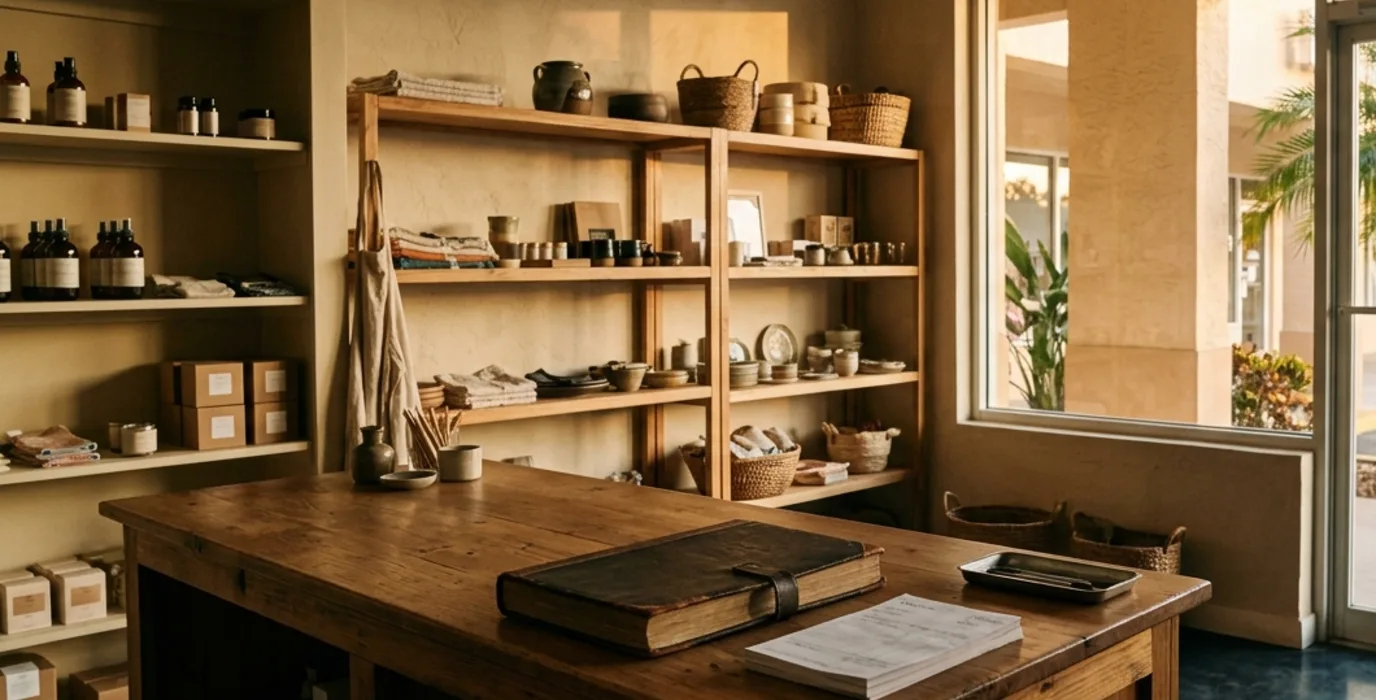 An empty small shop after closing, a ledger and invoices on the wooden counter