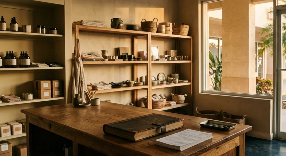 An empty small shop after closing, a ledger and invoices on the wooden counter