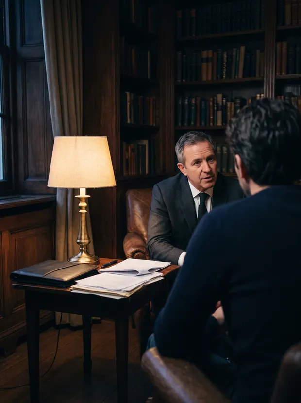 A lawyer advising a client across a table in a lamp-lit study