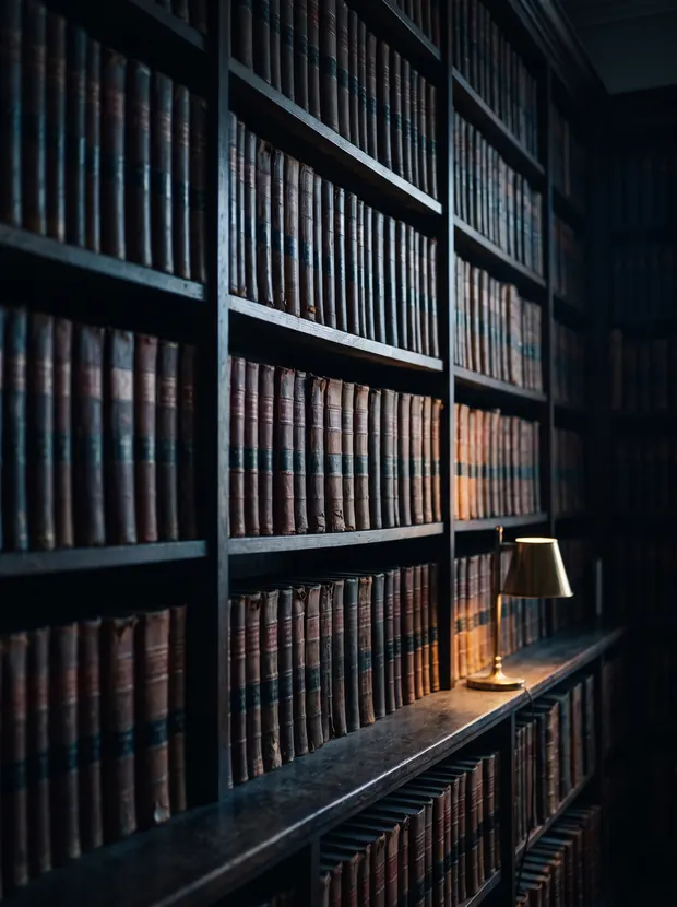 Tall shelves of old leather-bound law reports