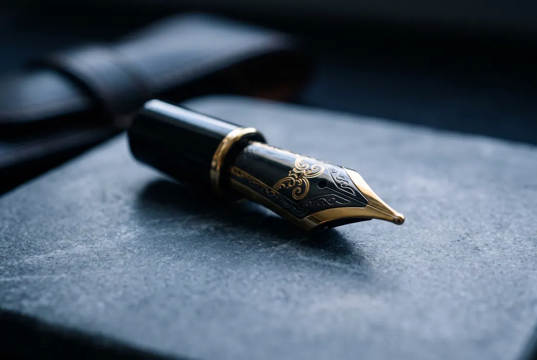 A fountain pen resting on a grey surface