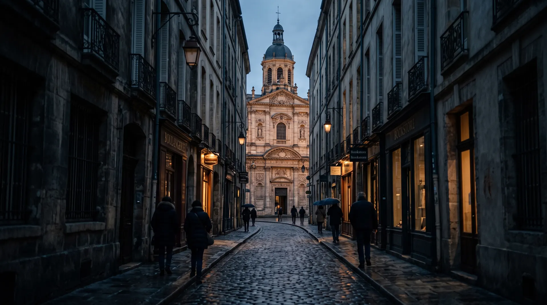 A narrow old city lane at dusk leading to an ornate domed building