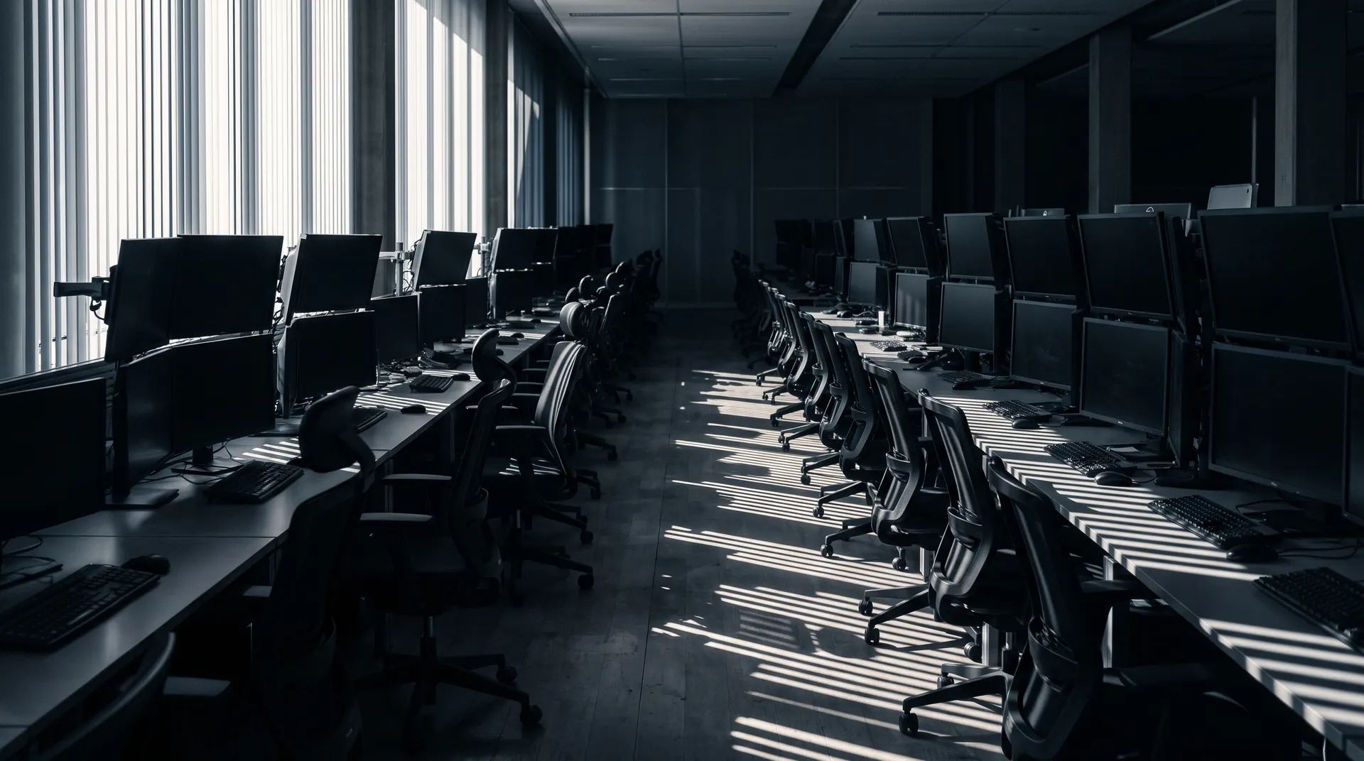 Hard morning sunlight through tall blinds across an empty trading room