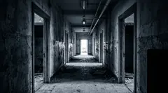 A long empty corridor in an abandoned office building, in black and white