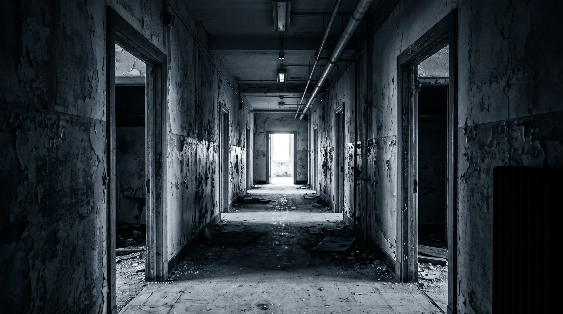 A long empty corridor in an abandoned office building, in black and white