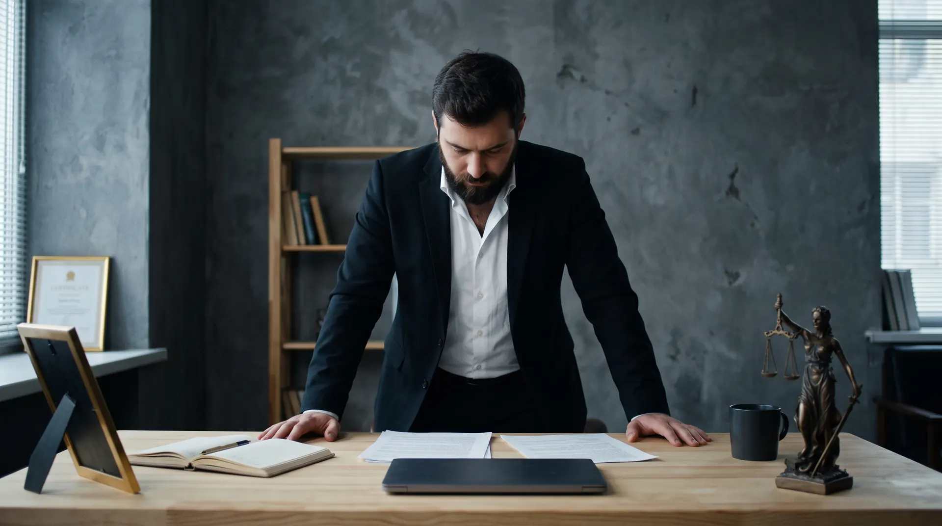 A partner leaning over his desk, reading a file