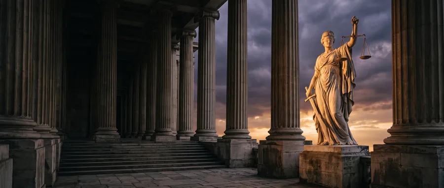 Marble statue of Justice between courthouse columns at dusk
