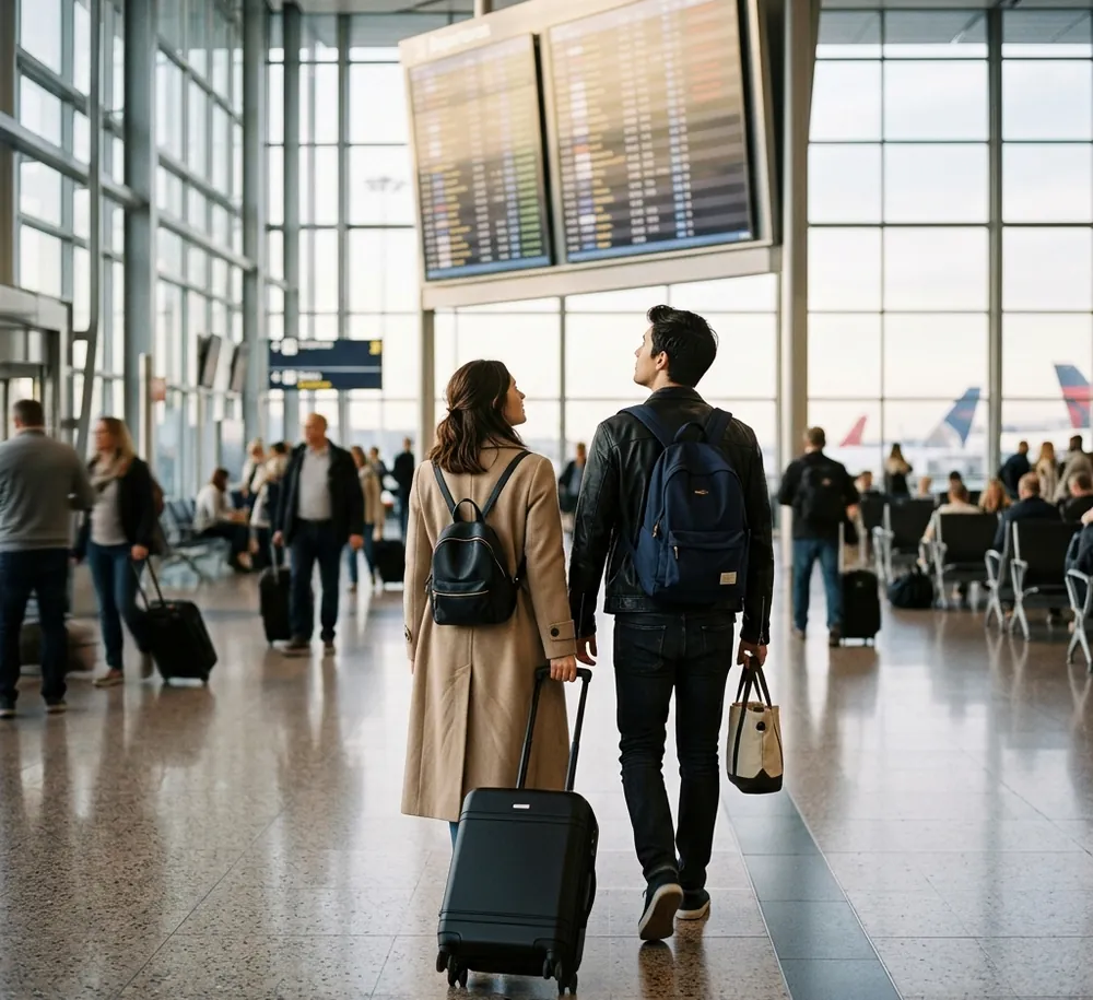 A couple with backpacks walks through a bright airport terminal
