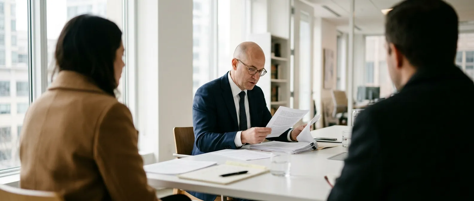 An attorney reviews a document with two clients at a conference table