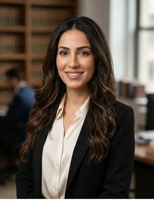 Amira Haddad, senior associate, in a cream blouse and black blazer