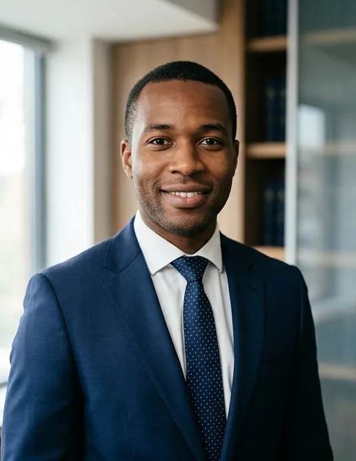 Samuel Mensah, associate, in a navy suit and dotted tie