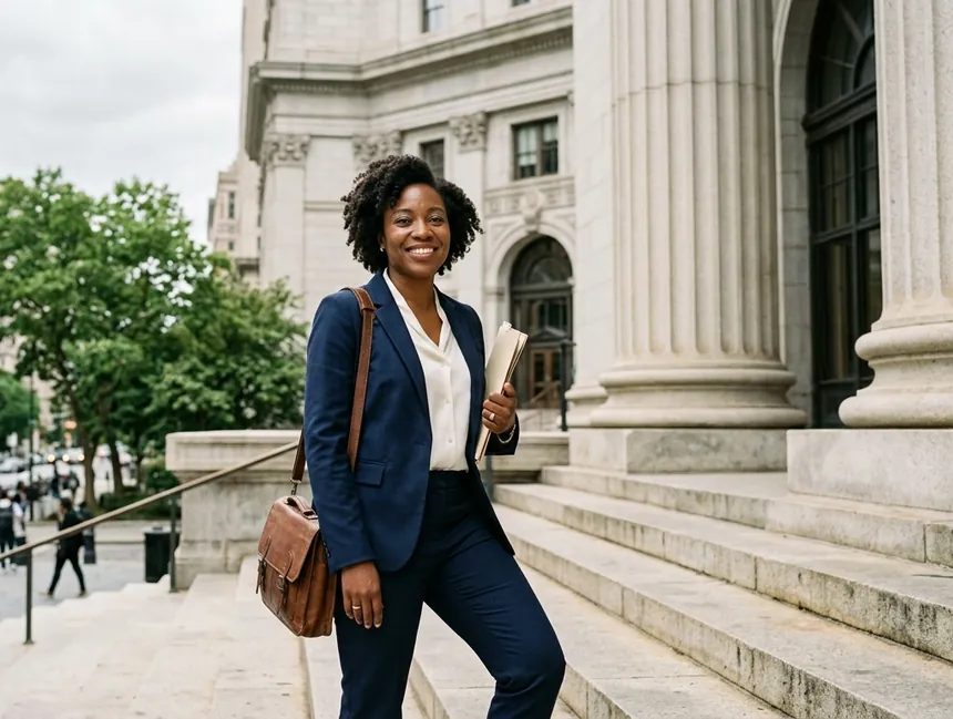 A smiling attorney in a navy suit stands on courthouse steps