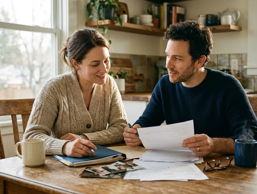 A couple reviews paperwork together at a kitchen table