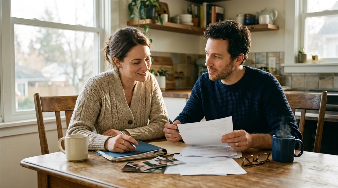 A couple reviews paperwork together at a kitchen table