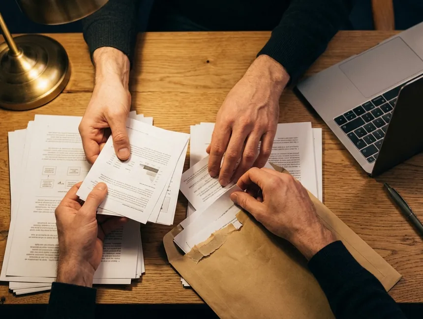 Hands sort printed documents and an open envelope on a desk beside a laptop