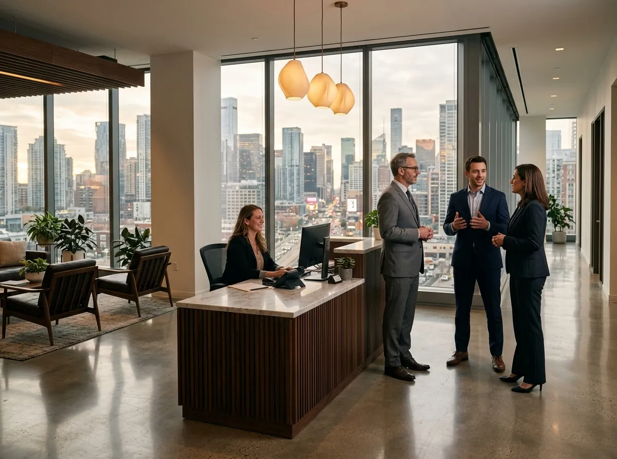 The Brightwater reception area with a view of the city skyline