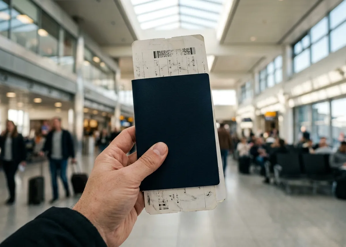 A hand holds a navy passport and boarding pass in an airport concourse