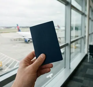 A hand holds a navy passport near an airport window