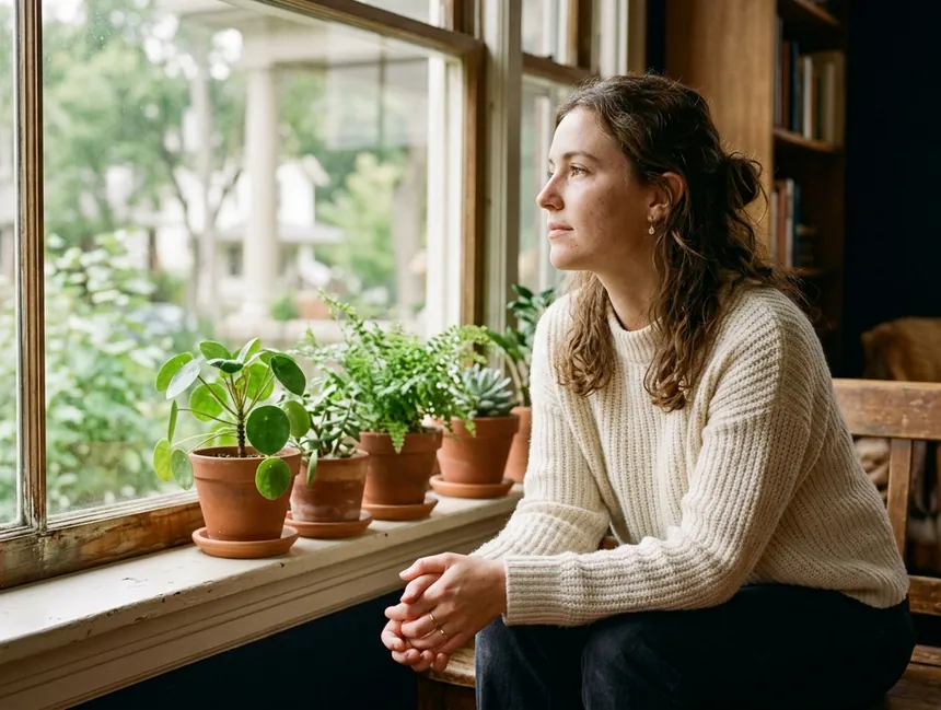 A young woman looks out a sunlit window, hands folded