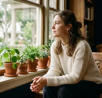 A young woman in a cream sweater looks out a sunlit window