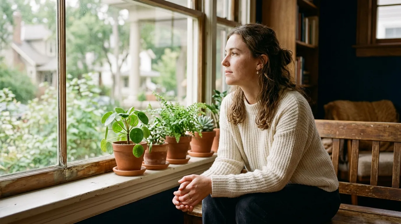 A young woman in a cream sweater looks out a sunlit window