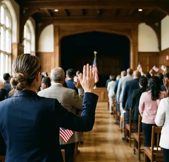 People stand with right hands raised at an oath ceremony in a wood-paneled hall