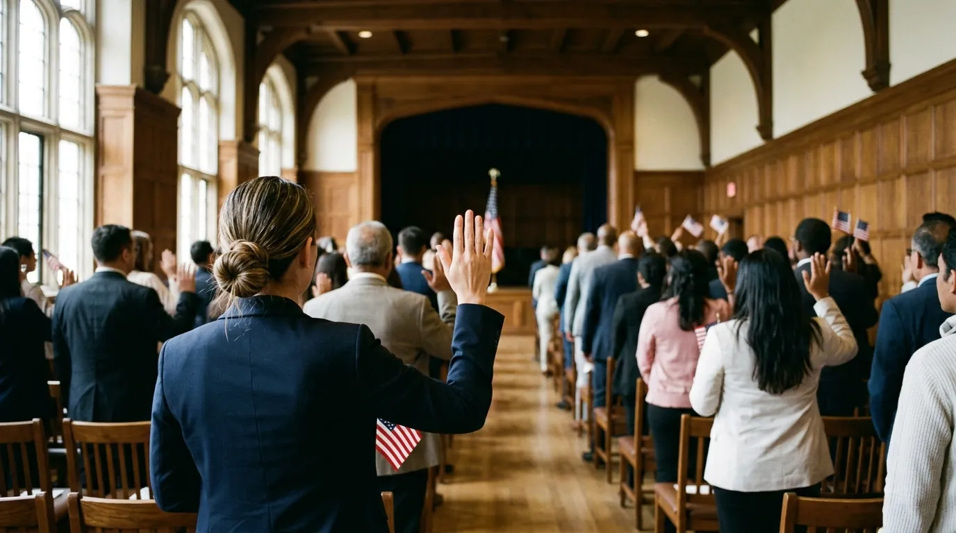 People stand with right hands raised at an oath ceremony in a wood-paneled hall