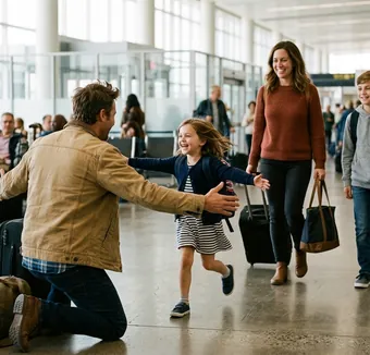 A father kneels to hug his daughter in an airport arrivals hall