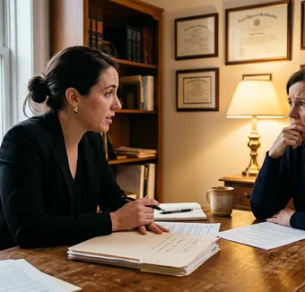 An attorney and a worried client talk across a desk covered with court papers