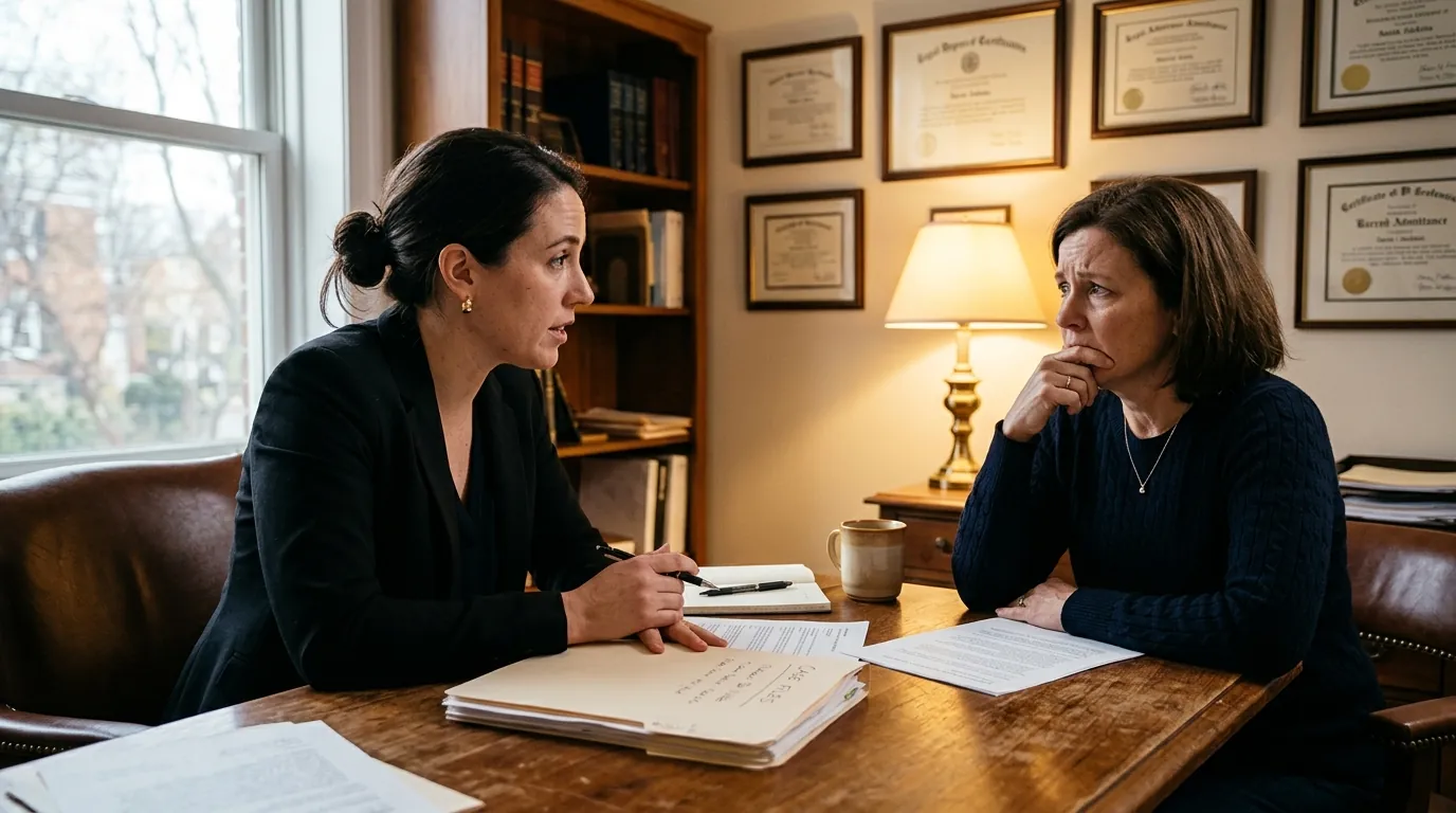 An attorney and a worried client talk across a desk covered with court papers