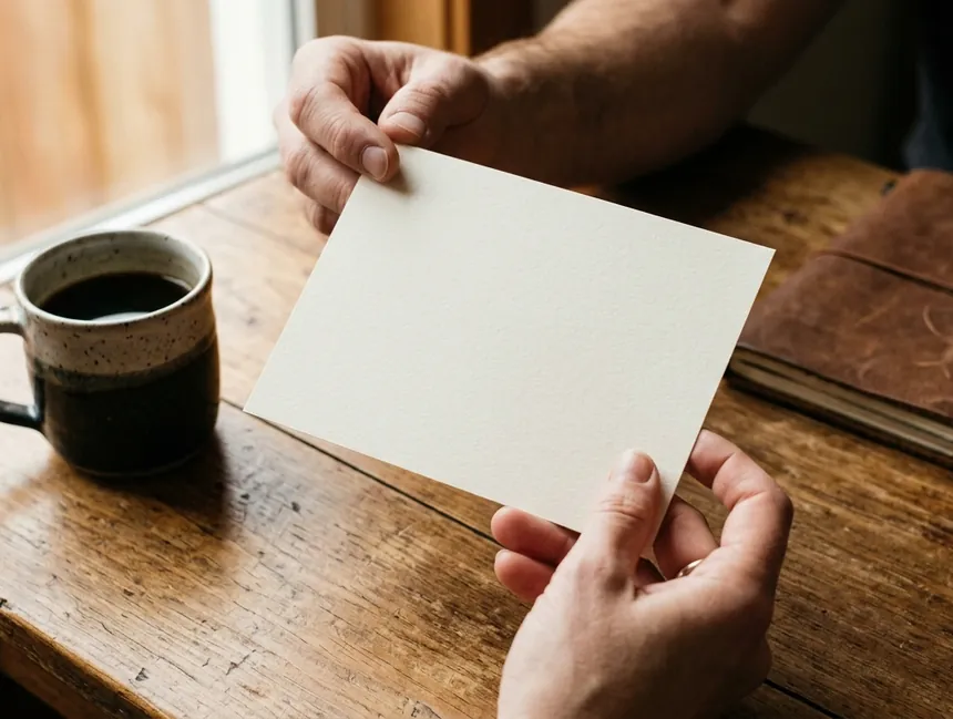 Two hands hold a blank ivory document above a wooden table
