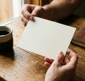 Two hands hold a blank ivory document above a wooden table with a coffee mug