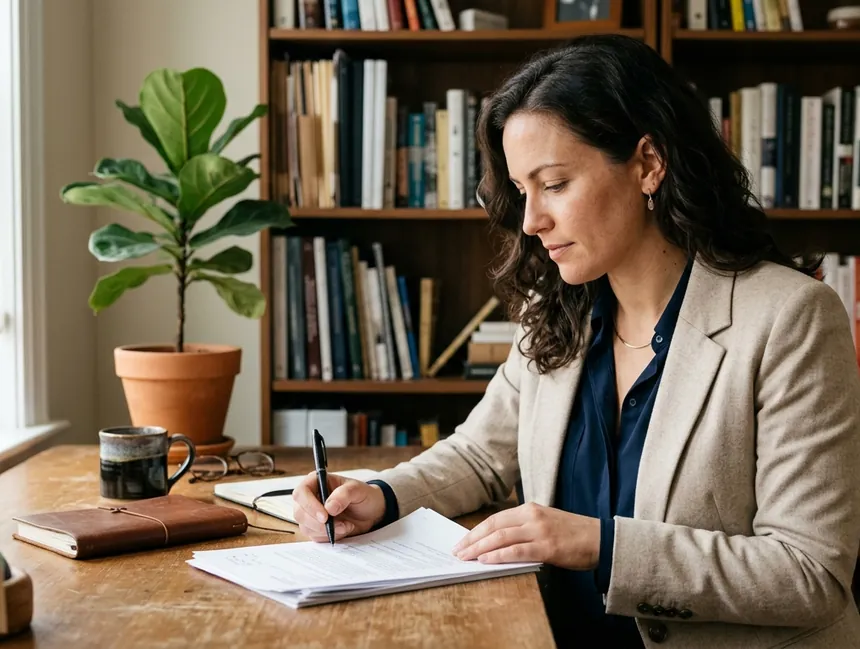 A professional woman reviews documents at her desk