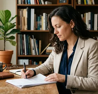 A professional woman in a beige blazer reviews documents at her desk