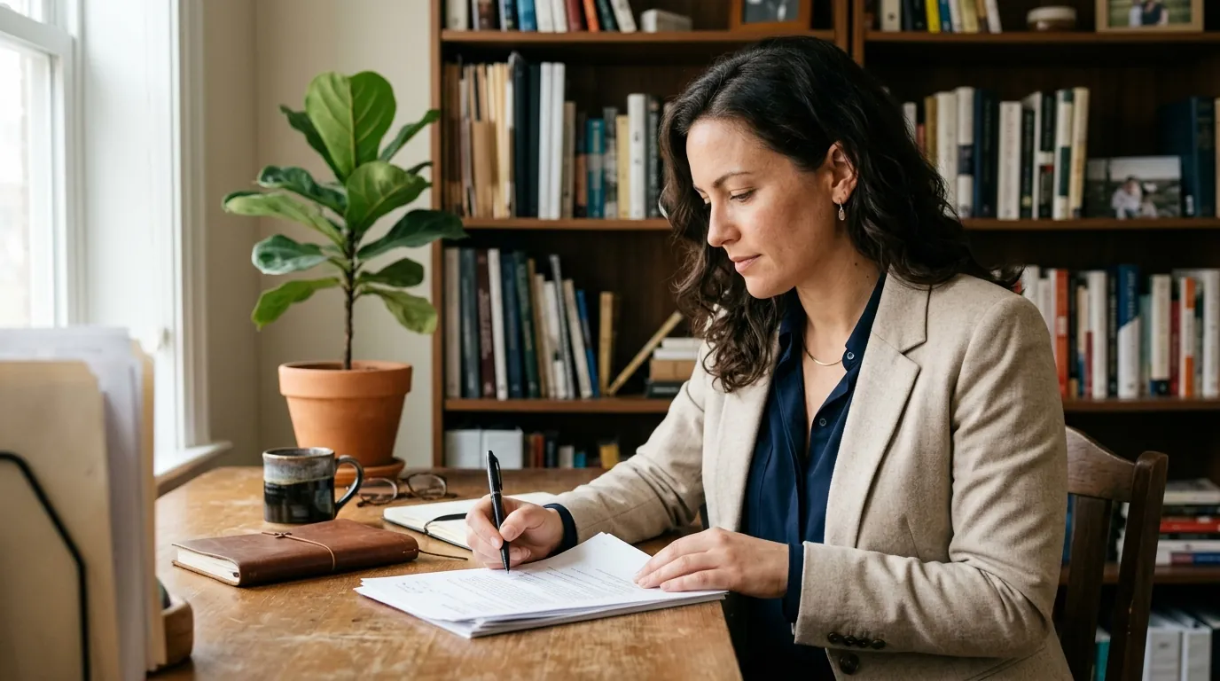 A professional woman in a beige blazer reviews documents at her desk