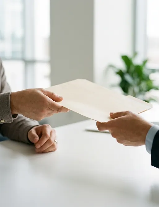 Hands pass a document folder across a desk