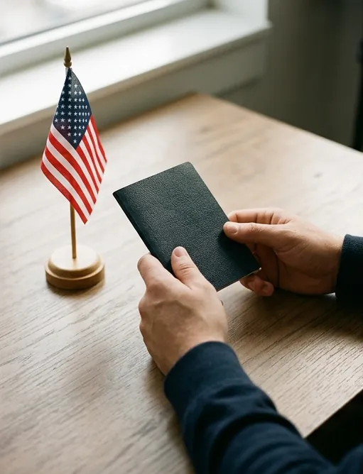 Hands hold a small booklet beside a desk flag